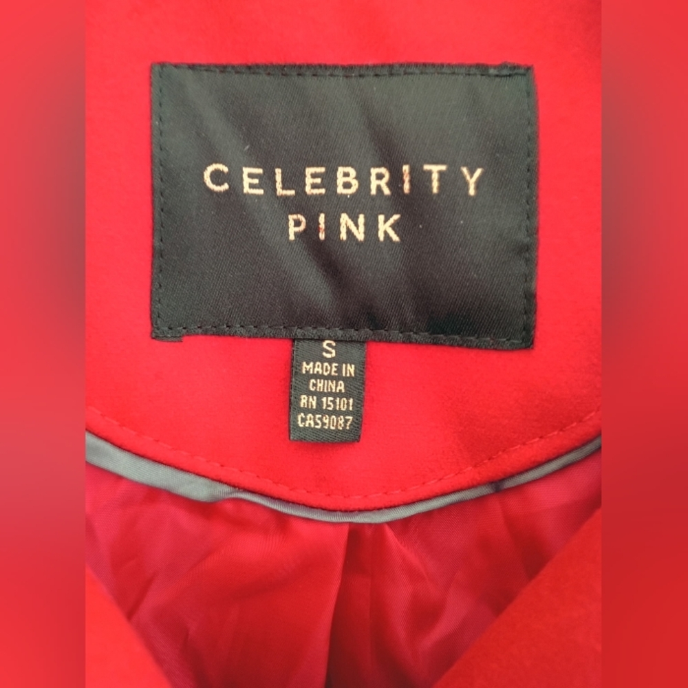 Celebrity Pink Red Trench Coat Hooded SZ S - Picture 2 of 5